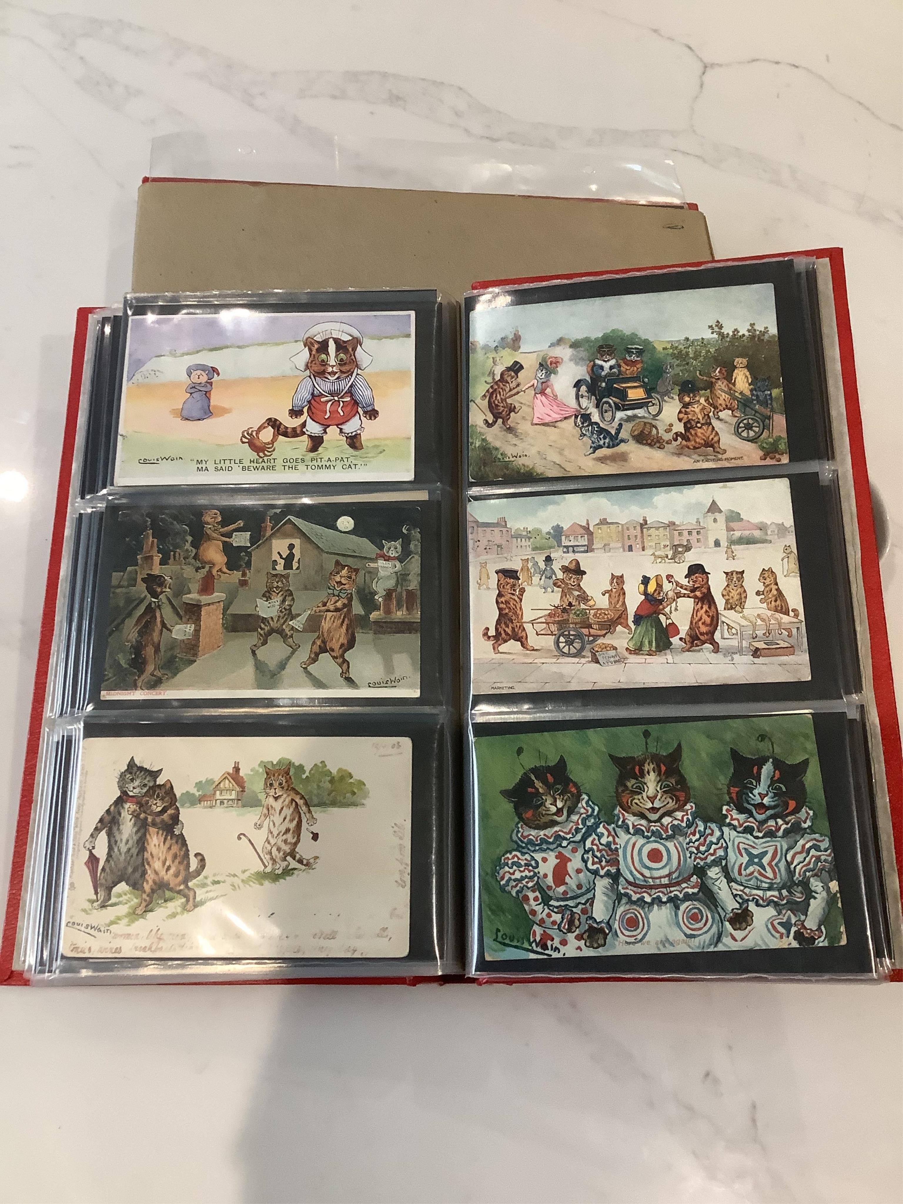 An album of assorted novelty postcards, including Louis Wayne cats, fantasy heads, silks, 1870 advertisement and 1891 Royal Naval Exhibition (97)